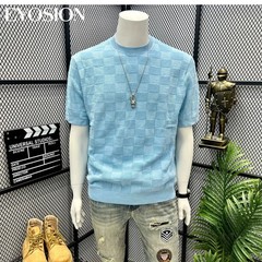 Men Knit Sweater Crewneck T-Shirt Plaid Checkered Casual Short Sleeve Tee Top