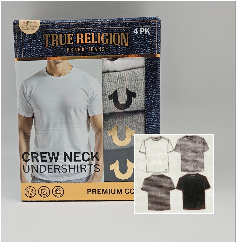 TRUE RELIGION 4 Pack Men’s M L XL Cotton Crew Neck Logo T Shirt Black Gray White