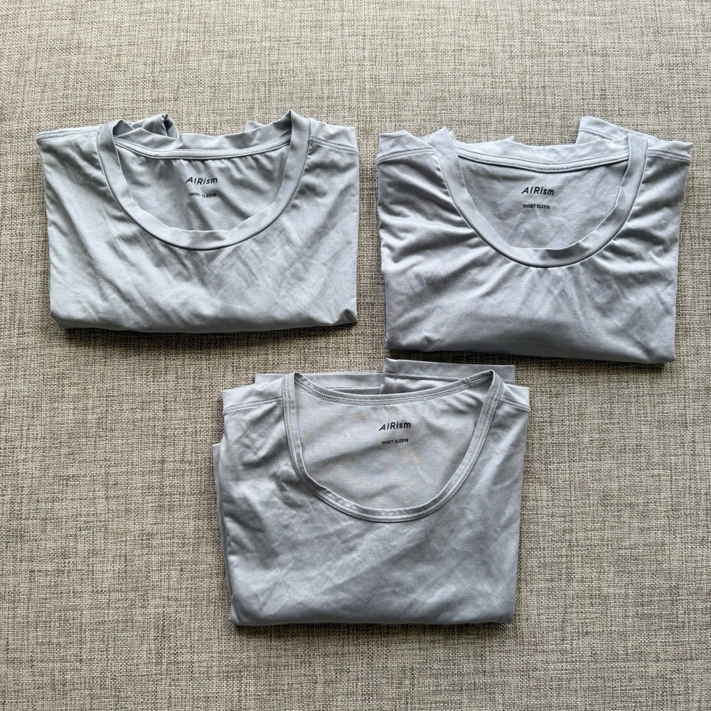 Preowned 3x UNIQLO AIRISM Crew Neck Mens Short Sleeve Shirt Grey Gray SMALL