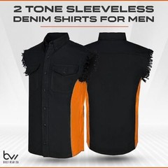 MEN’S SLEEVELESS DENIM SHIRTS – 2-TONE – WITH VERTICAL REFLECTIVE SAFETY LINING