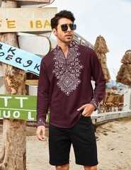 Men’s Casual Henley Shirt Mid Sleeve Shirt Summer Zipper T-Shirt (Dark Red,M)