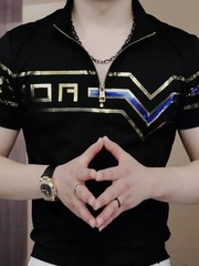 New Men Luxury Diamond Rhinestones Fashion Black Polo T-Shirt High Quality