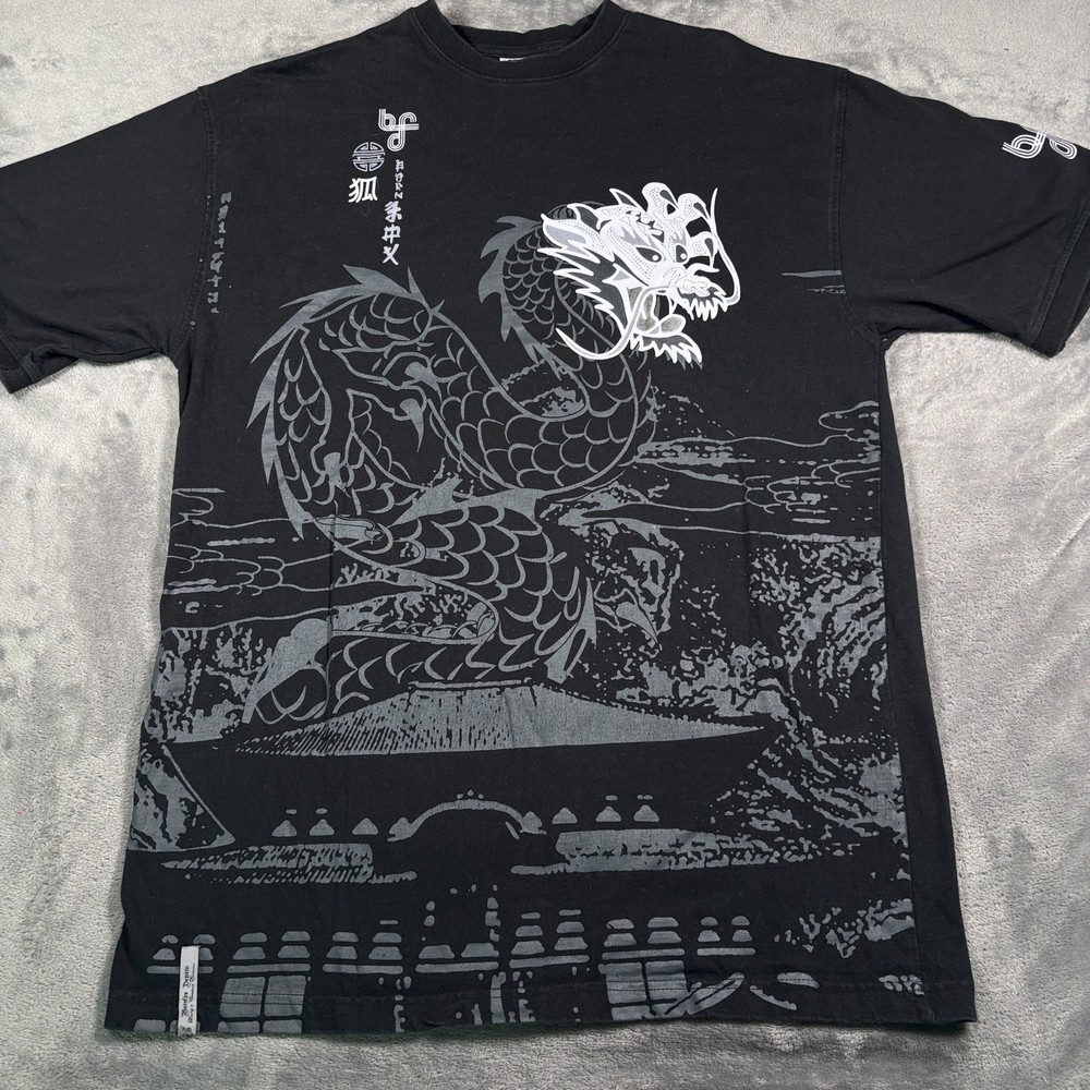 Bare Fox Dragon T-Shirt Mens XL Black Y2K Streetwear Asian Art BF Graphic Print