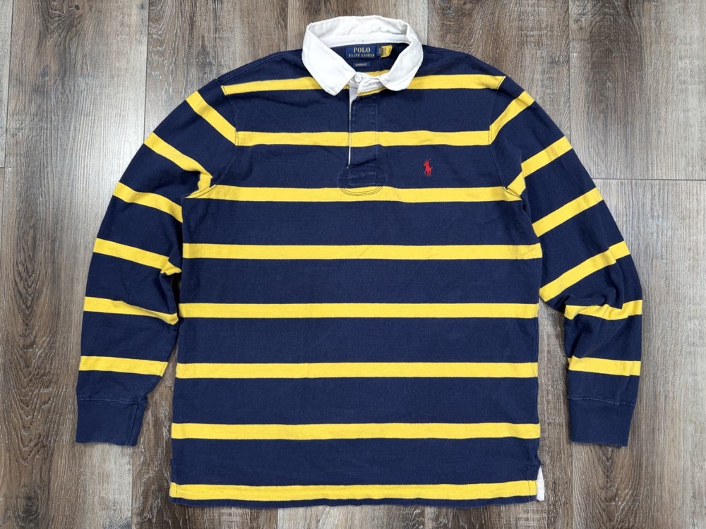 Polo Ralph Lauren Rugby Shirt Mens Large Navy Yellow Striped Pony Classic Fit