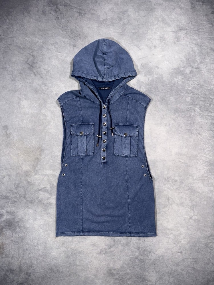 BALMAIN PARIS SS16 by Rousteing Men`s Archive Runway Y2K Hooded Sleveless Shirt