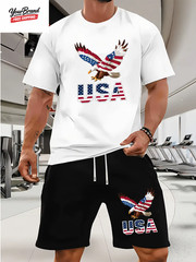 Fashion American Flag Graphic Print T-Shirt Shorts 2-Piece Set Casual Men’S USA