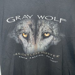Grey Wolf Y2K T Shirt Black “Relentless Hunter” Medium Animal Print Nature Vtg