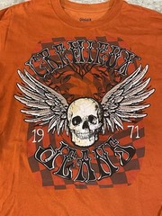 Cremieux Jeans Men’s Medium Long Sleeve Orange T-Shirt Skull Wings Biker