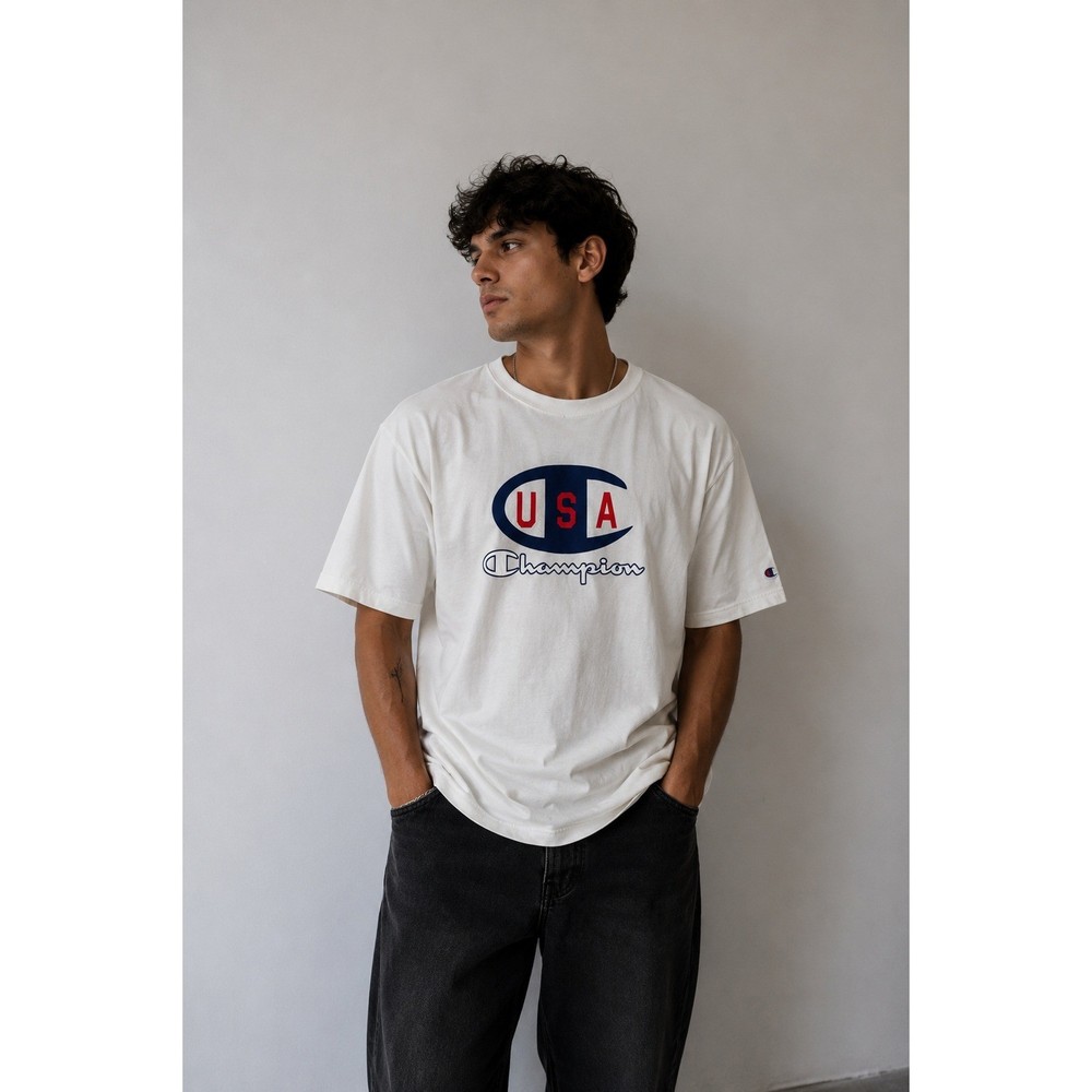 Champion USA Mens Graphic T Shirt Large White Short Sleeve Logo Athletic Tee