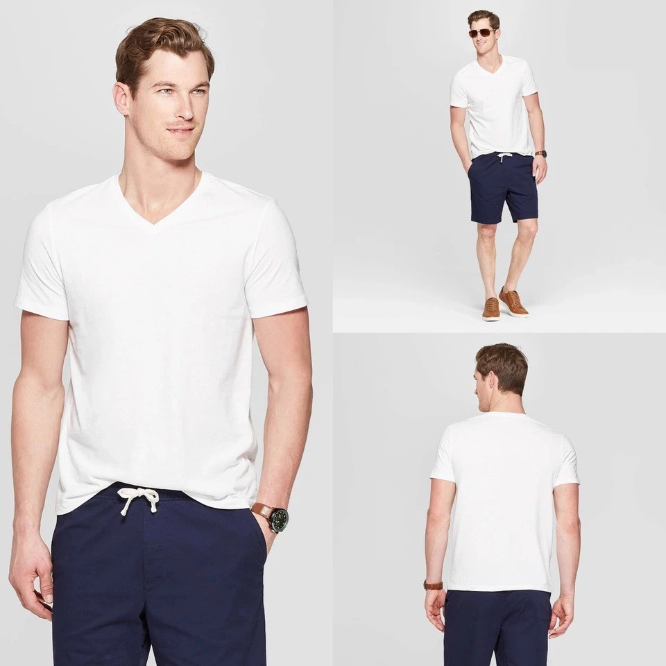 Large – Mens Every Wear Short Sleeve V-Neck T-Shirt – Goodfellow – White x 2