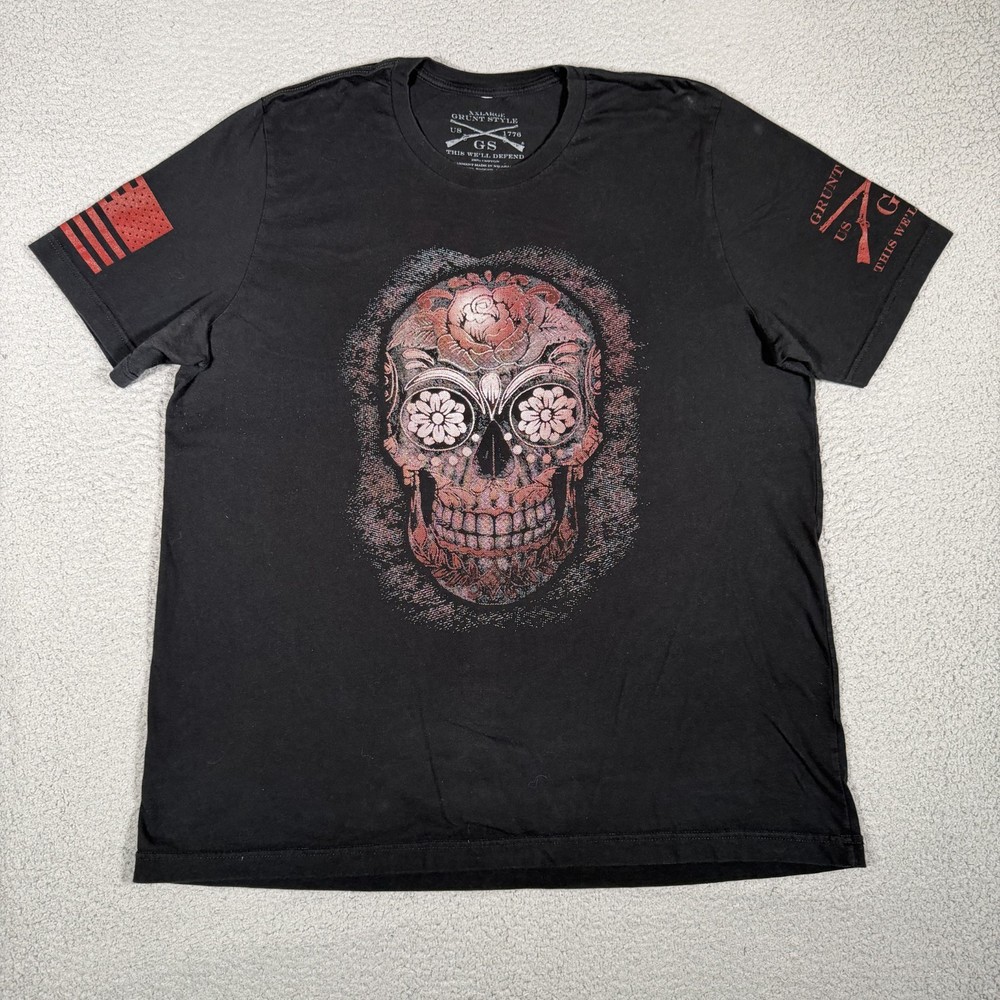Grunt Style Shirt Mens XXL Black Floral Skull 100% Cotton Casual Preppy Logo
