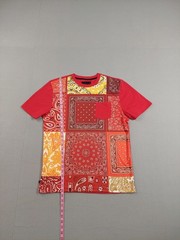 Maxi Milian Men T Shirt L Red Patchwork Front Pocket Short Sleeve Crew Neck