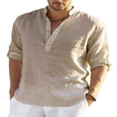 Mens Cotton Linen Long Sleeve Shirt Solid Loose Blouse Button Down Tops T Shirt