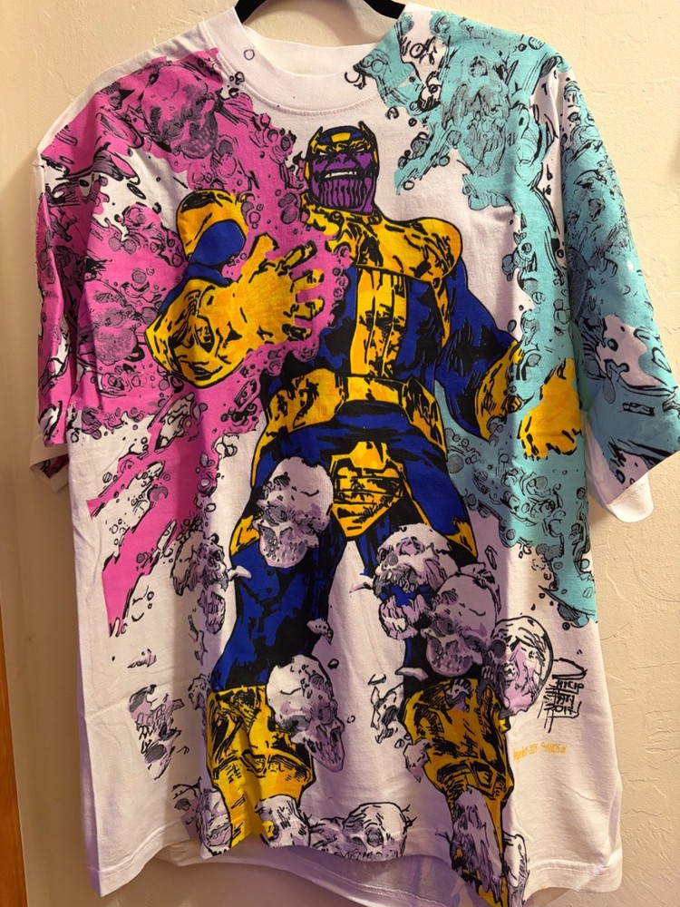 Thanos aop white large on a LAA blank 100% cotton. Vintage rush limited drop