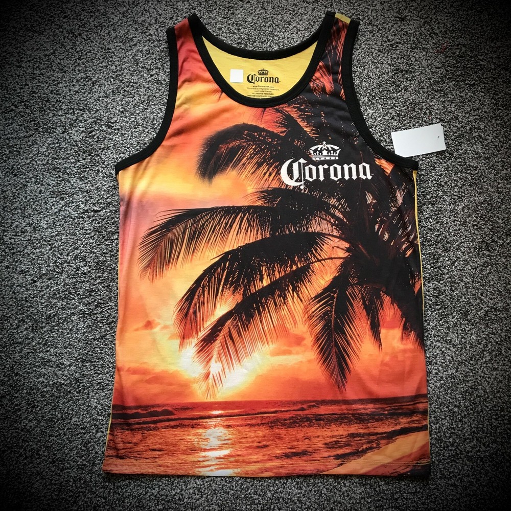 CORONA BEER TANK TOP orange black yellow BIG LOGO palm tree beach sunset MENS SM