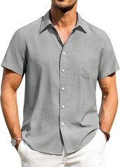 Men’s Linen Shirt Short Sleeve Button Down Wrinkle Free Casual Summer Beach Top