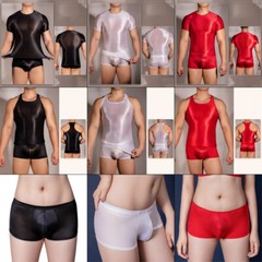 Sexy Mens Shiny Oil Muscle Tank Elastic Top Vest See-through Gym Tee Shirt Boxer