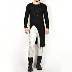 Men Asymmetric Longline T-shirt Tee Split Casual Top Shirt Long Sleeve Slim Sexy