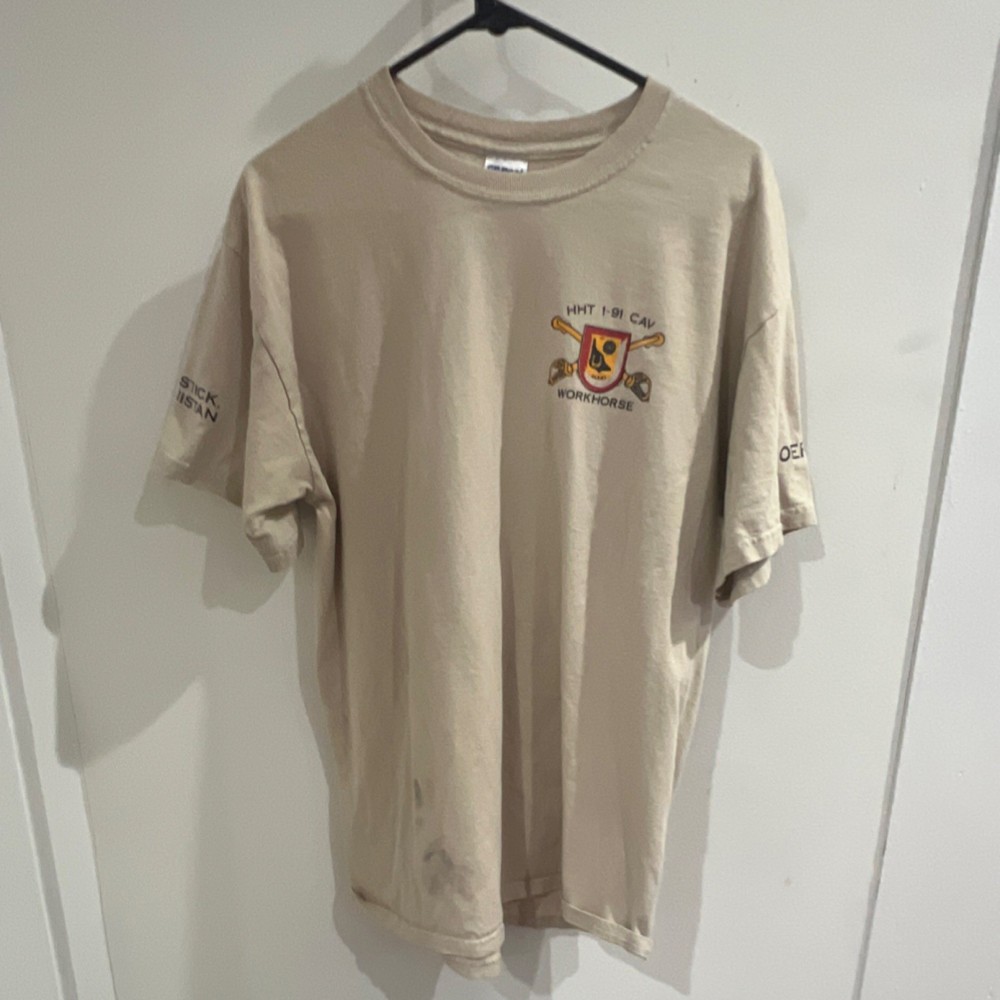 HHT 1-91 CAV Workhorse Military Graphic Beige T-Shirt Men’s Size L Deployment