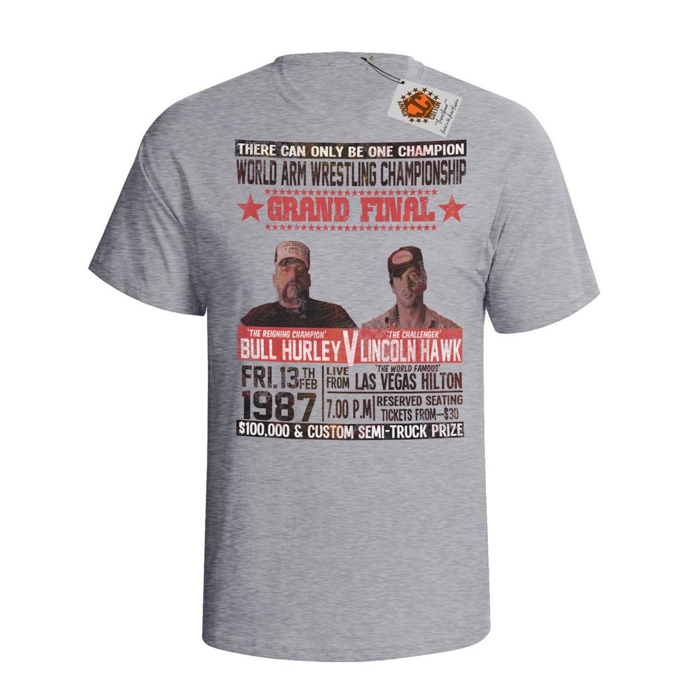 Over The Top Mens ORGANIC Cotton T-Shirt Inspired Arm WRESTLING Bull v Hawk 80`s