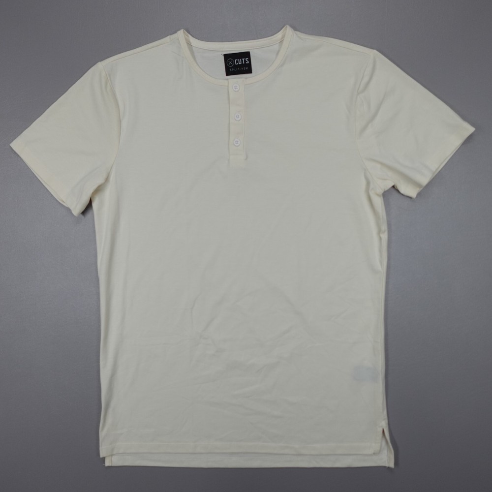Cuts Clothing Split Hem Short Sleeve Tee Henley Stretch Beige Slim Fit