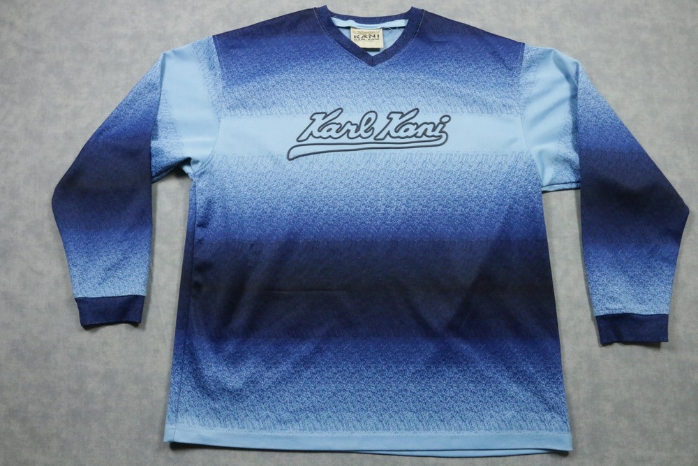 Vintage Karl Kani Shirt Mens XL Blue Gradient Long Sleeve V-Neck Logo 90s