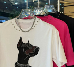 New Men Fashion Diamond Dog Rhinestones Luxury T-Shirt High Quality 3 Colors