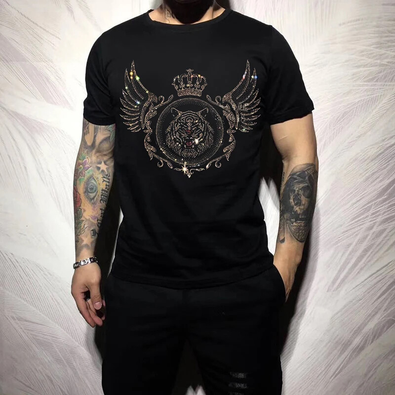 New Fashion Tiger Trend Rhinestones Summer Short Sleeve Luxury Men Black T-Shirt