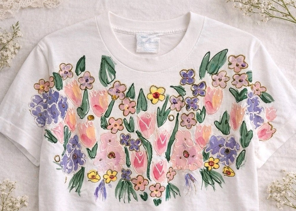 Hand Painted Floral T Shirt Single Stitch Vtg USA Rhinestone Art Tee OSFA M/L