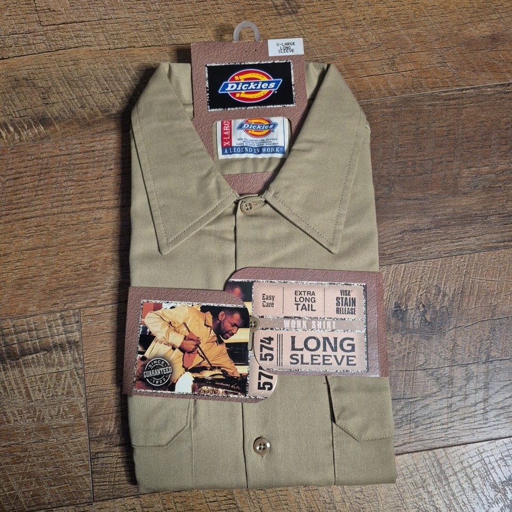 Dickies Work Shirt 574 Mens Long Sleeve Button Up Tan Durable Workwear