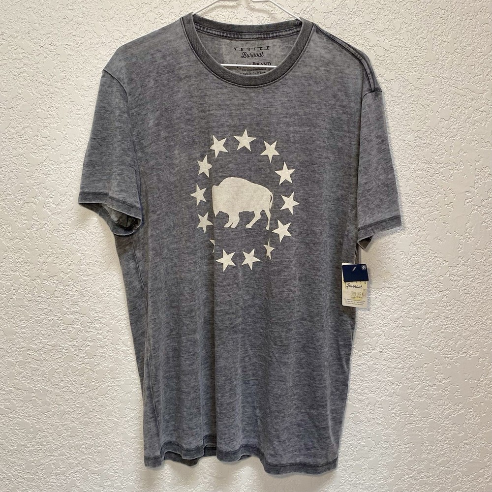 Lucky Brand T-Shirt Men’s L Jet Black (Gray) Buffalo Stars Venice Burnout Tee SS
