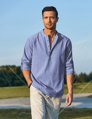 Men’s Cotton Hemp Long Sleeve Casual Beach Henley Shirt (Blue Stripe Large)