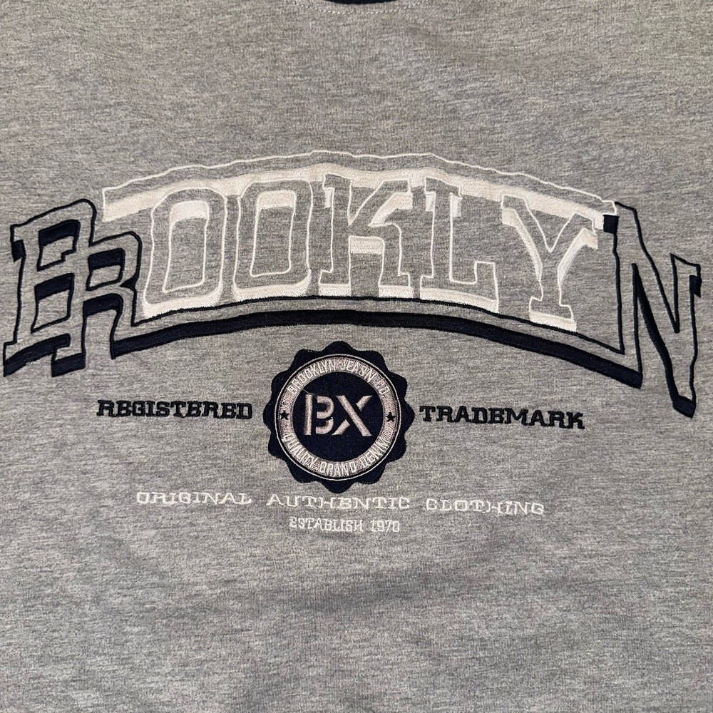 Y2K VTG Brooklyn Express Xpress Mens XL Shirt Gray Embroidered Ringer Oversized