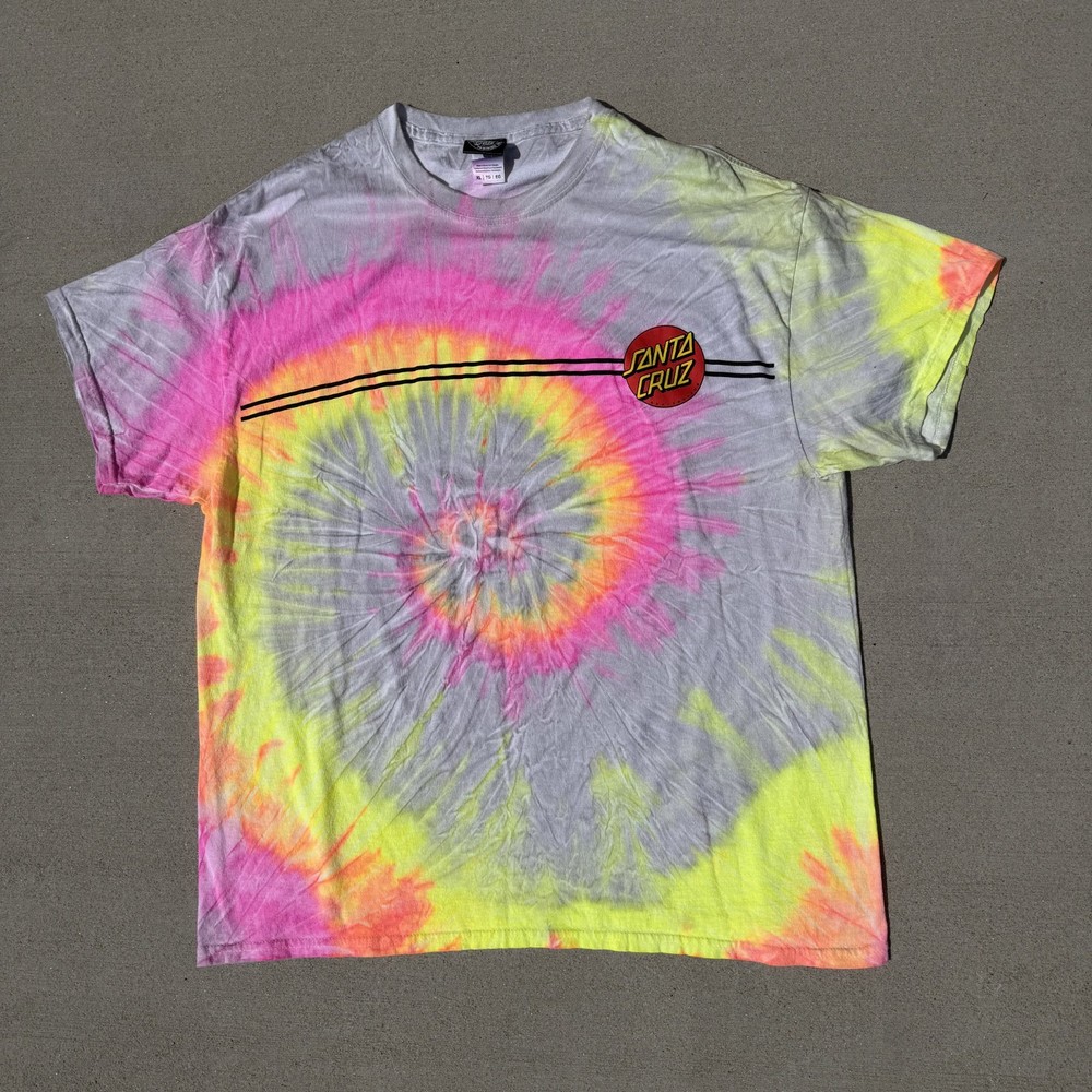 Santa Cruz Tie Dye T Shirt Men’s XL Skateboards Graphic Back Logo Pink Yellow