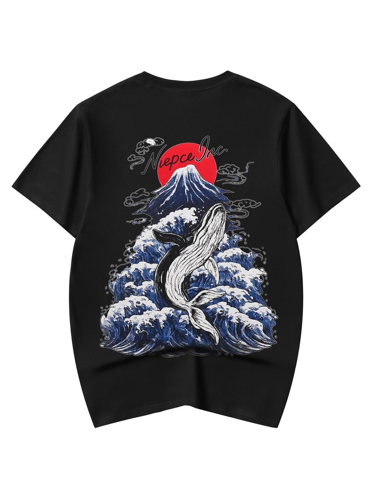 Niepce Japanese Streetwear T-shirt Rising Whale Print Graphic Tee for Men