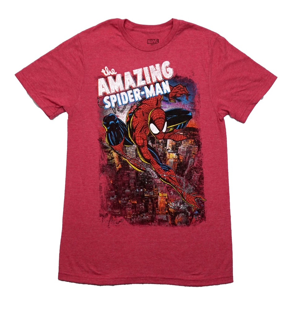 Spider-Man New Adult T-Shirt -Amazing Flying Distressed City Below