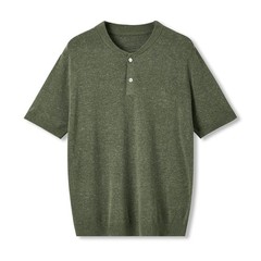 Retro Henry Collar Knitted Short-Sleeved T-Shirt Men Business Linen Blend Top