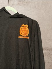 District Black Long-Sleeve Hooded Tee with Orange Badge