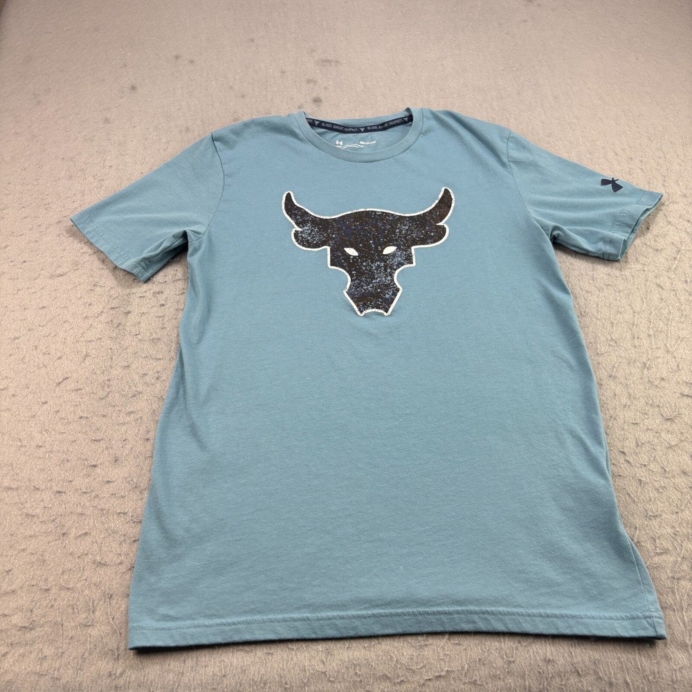 Under Armour Project Rock Shirt Mens Small Blue Brahma Bull Graphic Crew Neck