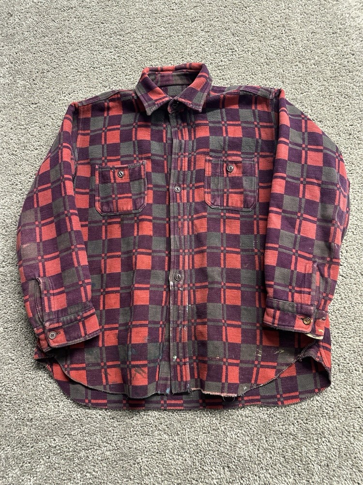 Vintage 60s Champion Cotton Red Plaid Flannel Shirt Size L Gusset Paint Splatter