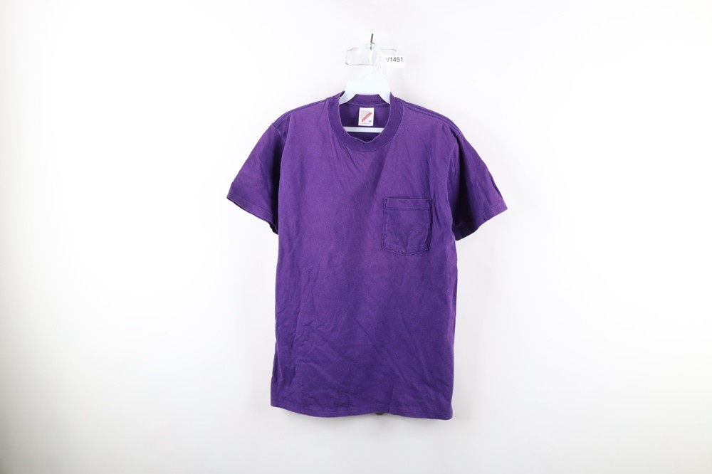 Vintage 90s Streetwear Mens Medium Faded Blank Pocket T-Shirt Purple Cotton USA
