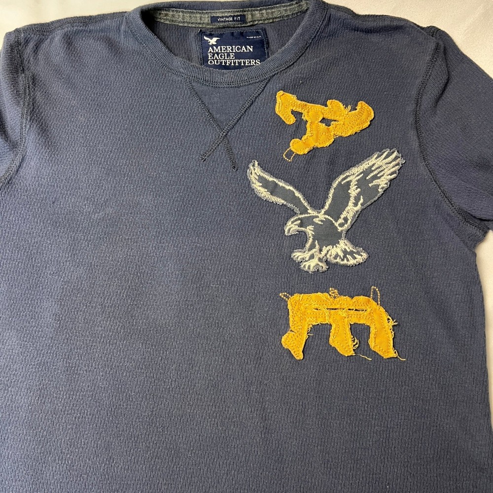American Eagle Y2K Vintage Fit Graphic Thermal Distressed Varsity Applique L