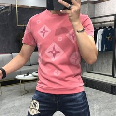 Luxury Fashion Men Rhinestone Brown Black Blue Pink Short Sleeve Slim T-Shirt