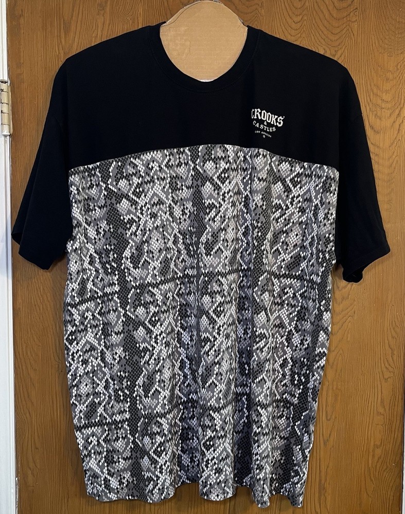 Crooks & Castles Black T-Shirt Digital Snake Print 3XL Logo Cotton Crew Neck
