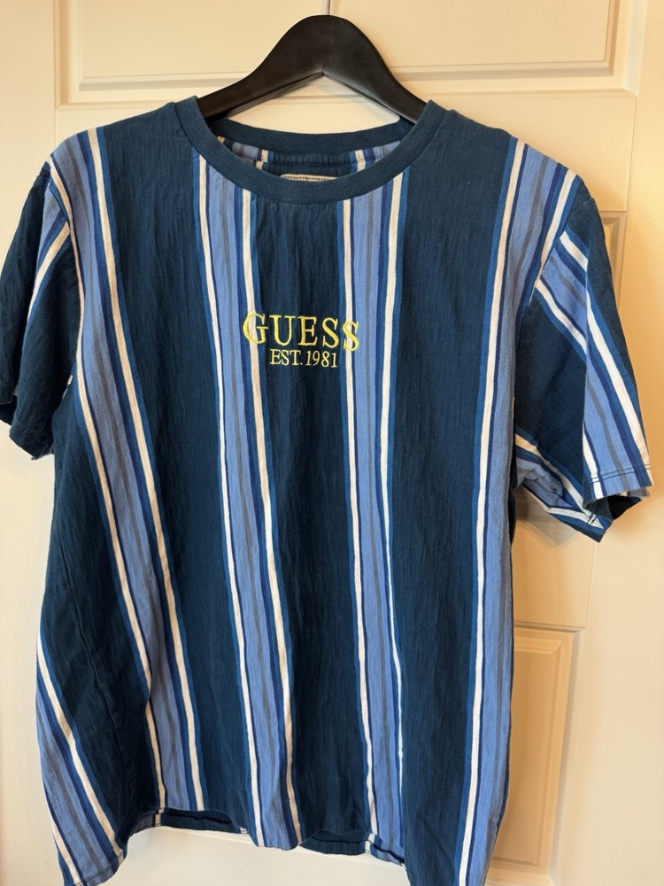 GUESS Originals Men’s Blue Striped Embroidered Logo Crew Neck T-Shirt Size M