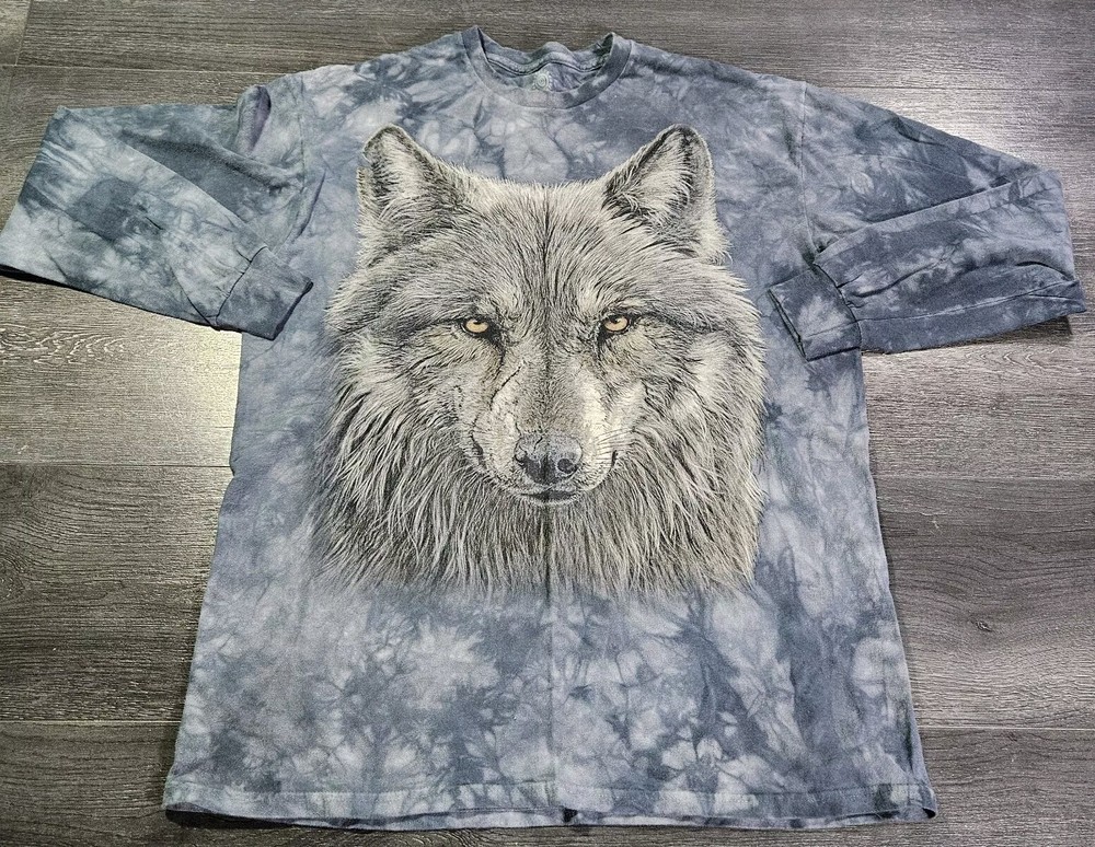 The Mountain T Shirt Long Sleeve Adult L Blue Tye Dye Lone Gray Wolf Nature