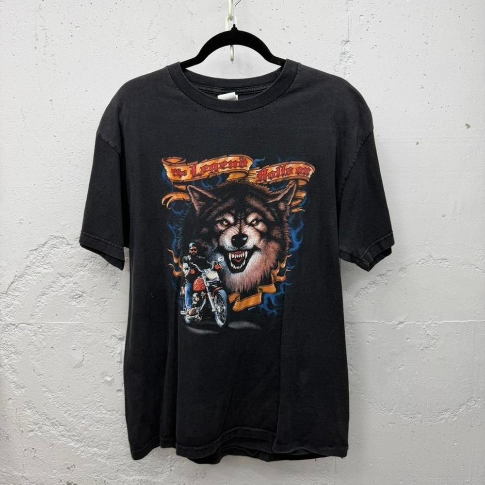 Vintage y2k The Legend Rolls On Wolf Biker tshirt Motorcycle Howling Wolf