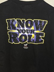 Vintage 2000 (WWF) t-shirt Of Dwayne “The Rock” Johnson on a black cotton tee.