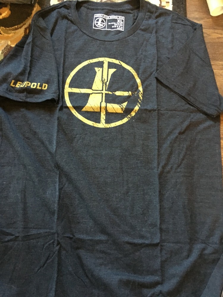 New Leupold Reticle T-Shirt Charcoal Heather With Gold Logo – Med, L, 3XL