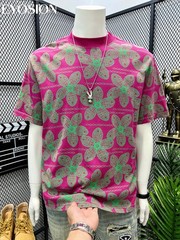 Men’s Pink Floral Print T-Shirt Casual Short Sleeve Cotton Crew Neck Summer Tee